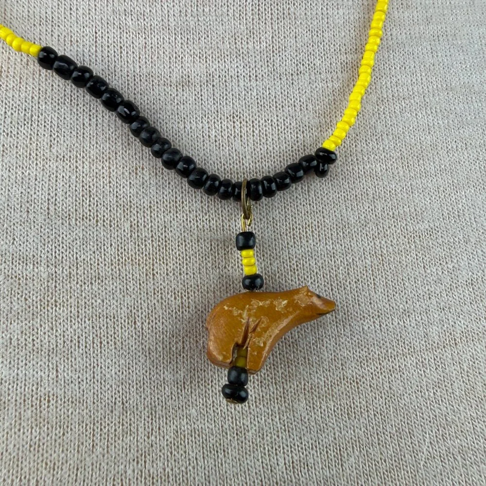 Wood Carved Bear Pendant Black & Yellow Seed Bead Necklace 21" - Picture 2 of 7